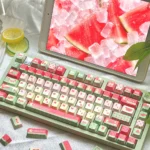 Summer Geometric PBT Keycap Set. Unique side-engraved MOA. Refreshing summer palette, abstract geometric designs, subtle shadows, from various angles.