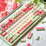 Artistic Summer Geometric PBT Keycap Set with side-engraved legends, showcasing various angles of the unique MOA profile in a refreshing palette.