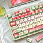 Summer Geometric PBT Keycap Set, side-engraved MOA. Refreshing abstract designs with subtle shadows, presented from many angles.