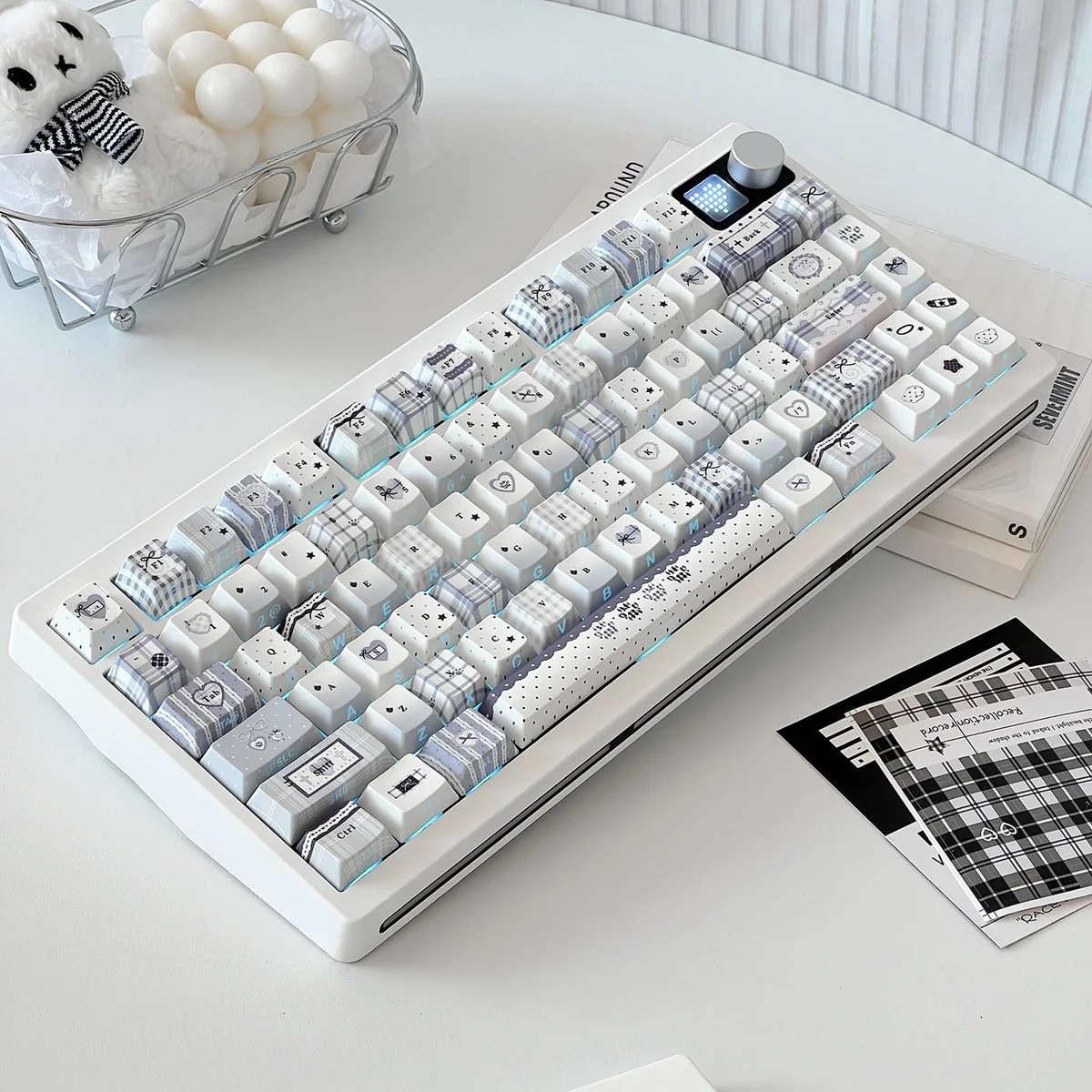 Multiple views of Sweet Checker PBT side-lit keycaps, revealing the charming plaid pattern, crisp top legends, and unique side illumination.