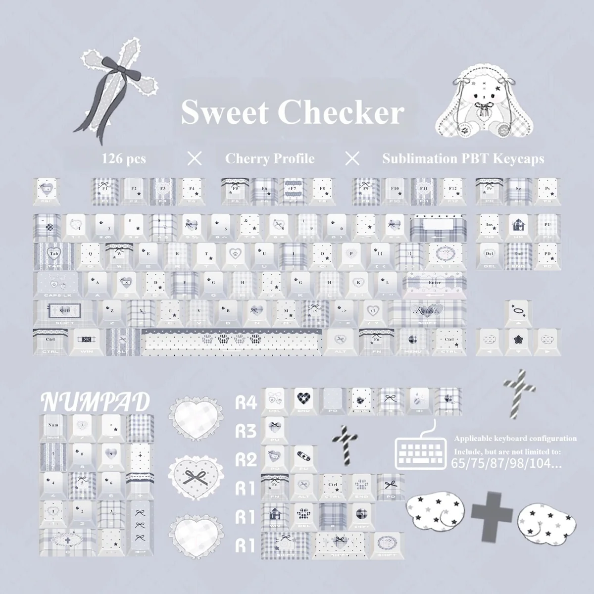 Sweet Checker PBT Side-Lit Keycaps. See charming plaid clean legends unique side-lighting at multiple angles for joyful durable typing.