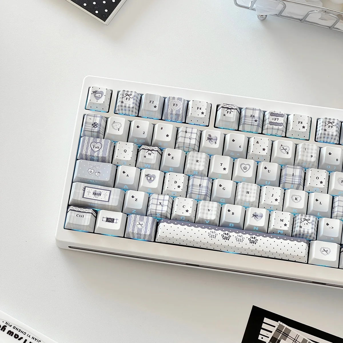 Sweet Checker PBT side-lit keycaps. Views highlight charming plaid, crisp legends, unique side-lighting for cozy, durable, joyful typing.