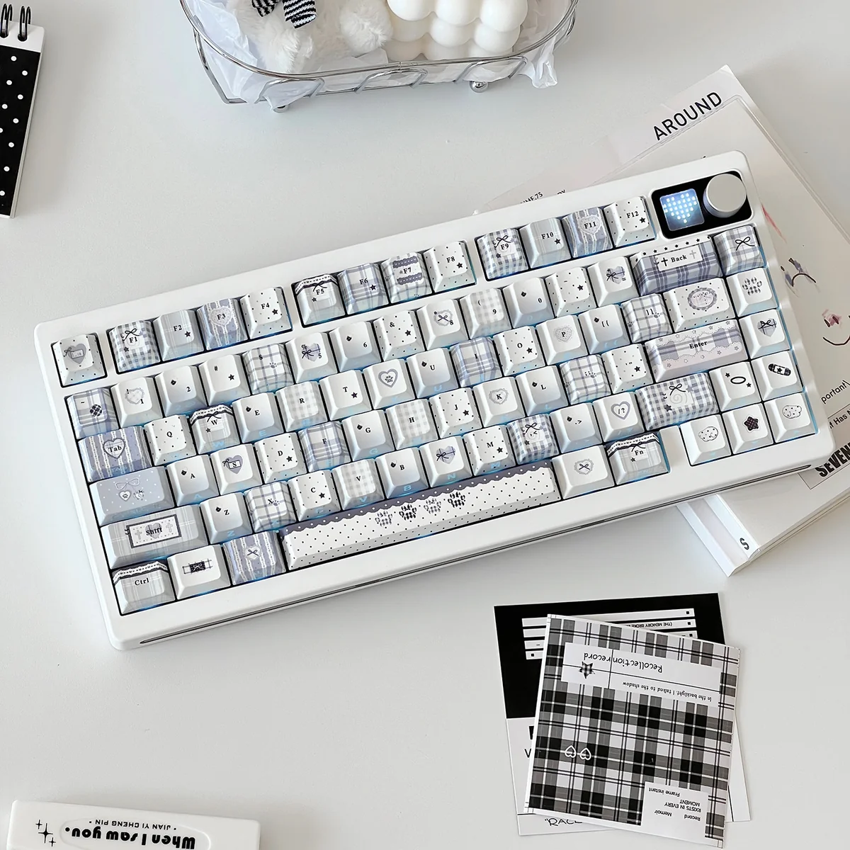 Sweet Checker PBT side-lit keycaps charmingly displayed, highlighting the durable plaid design and unique side-lit legends for a joyful.