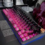 Gallery views of stunning black-pink PC gradient keycaps. High-transparency PC material offers a sleek, modern aesthetic, perfect for vibrant RGB keyboard.