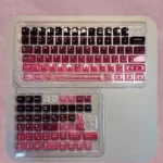 Views of high-transparency PC gradient keycaps, featuring a stunning black-pink translucent gradient and sleek modern aesthetic, perfect for RGB keyboard.