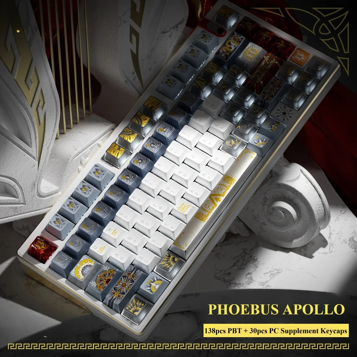 Apollo Keycap Set showcasing the divine metallic PBT texture and frosted translucent PC glow from multiple artistic angles.