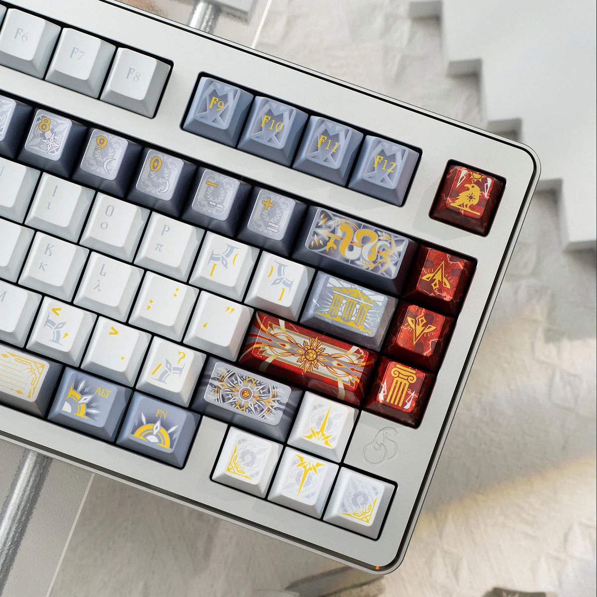 Apollo Keycap Set displayed from multiple angles, showcasing the divine metallic PBT finish and translucent PC glow, embodying its radiant mythical.