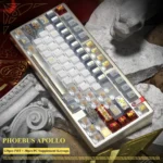 Apollo Keycap Set: Divine metallic PBT and translucent PC keycaps radiate a mythical glow, showcasing premium craftsmanship.
