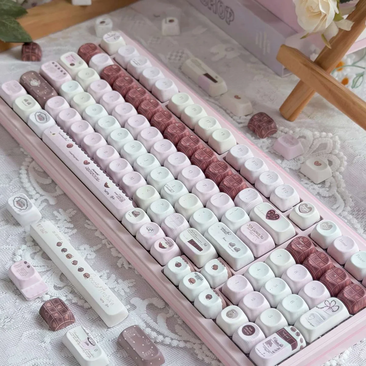 Charming Pink Mood MOA keycaps displayed from multiple angles, emphasizing their soft pastel pink aesthetic and smooth spherical profile.