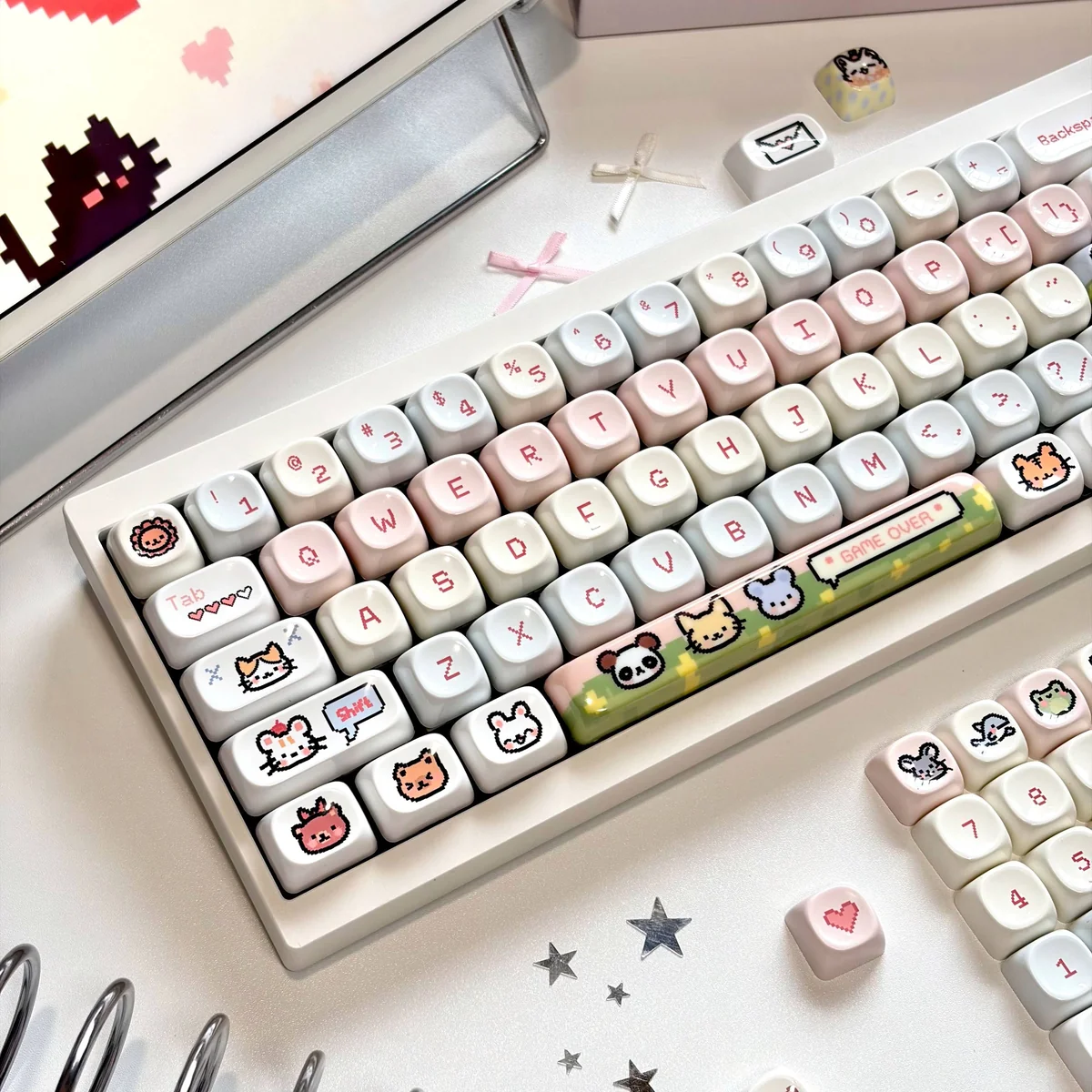 Detailed product gallery of Pixel Paradise Jade Keycaps, revealing various angles of the unique jade-like resin with captivating MOA retro pixel art theme.