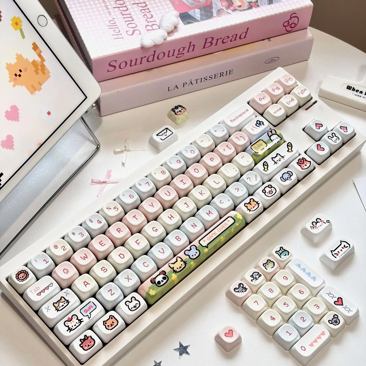 A captivating display of Pixel Paradise Jade Keycaps, revealing their unique jade-like resin texture and vibrant retro pixel art aesthetic.