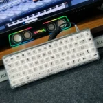 Cute pixel rabbit keycaps in a translucent jelly pink finish, showcasing whimsical pixel art and a playful design for mechanical keyboards.