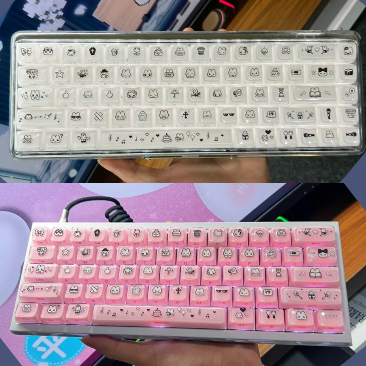 Whimsical Pixel Rabbit Keycaps: Translucent jelly MDA set with cute pixel art rabbits, adding playful charm and vibrant colors to your keyboard.