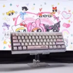 Powerpuff Girls PBT dye-sub keycaps set, vibrant and playful, displayed from multiple angles, highlighting Blossom, Bubbles, and Buttercup's nostalgia design.