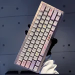 Close-up views of the official Powerpuff Girls PBT Dye-Sub keycaps set, showcasing vibrant characters and bold colors from different angles, adding playful design.