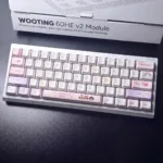 Close-up of Powerpuff Girls PBT Dye-Sub keycaps set showcasing vibrant characters from multiple playful angles on a keyboard.