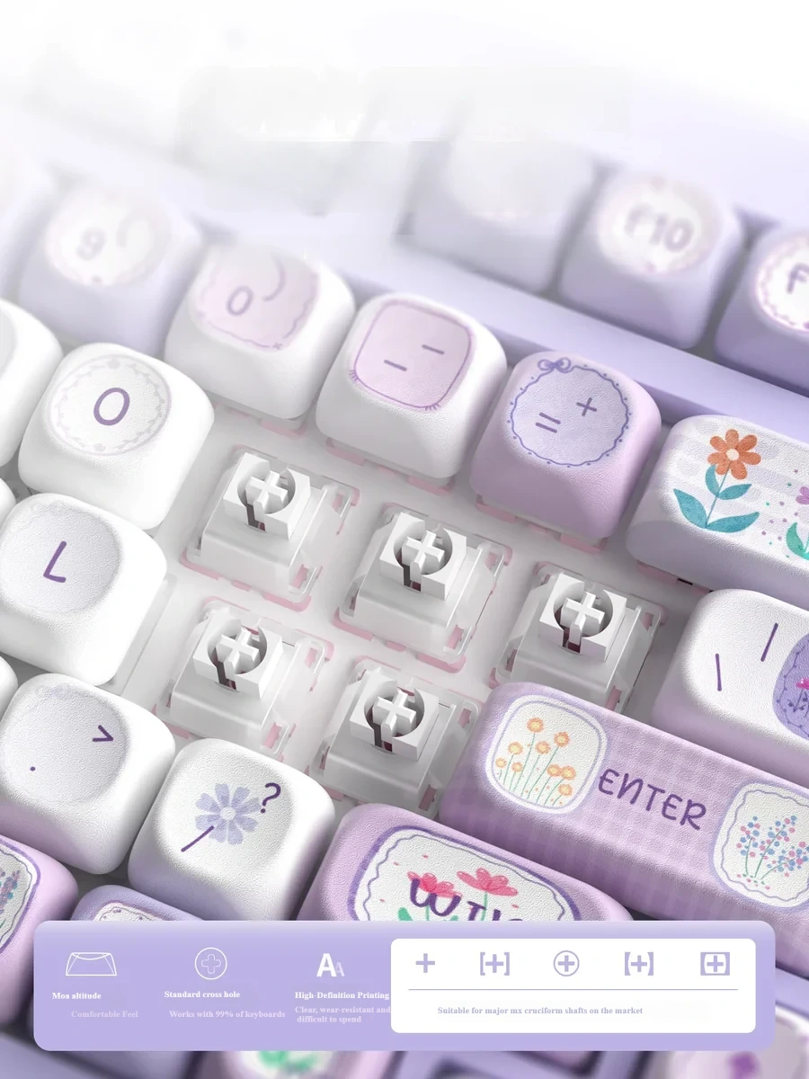 Close-up of the Dreamy PBT Purple Mist MOA Keycap Set, revealing its ethereal purple gradients and tranquil design from a distinct, premium angle.