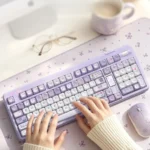Dreamy PBT Purple Mist MOA Keycap Set, shown from a distinct angle, highlighting its ethereal purple gradients and tranquil, mystical design, perfect for fans.
