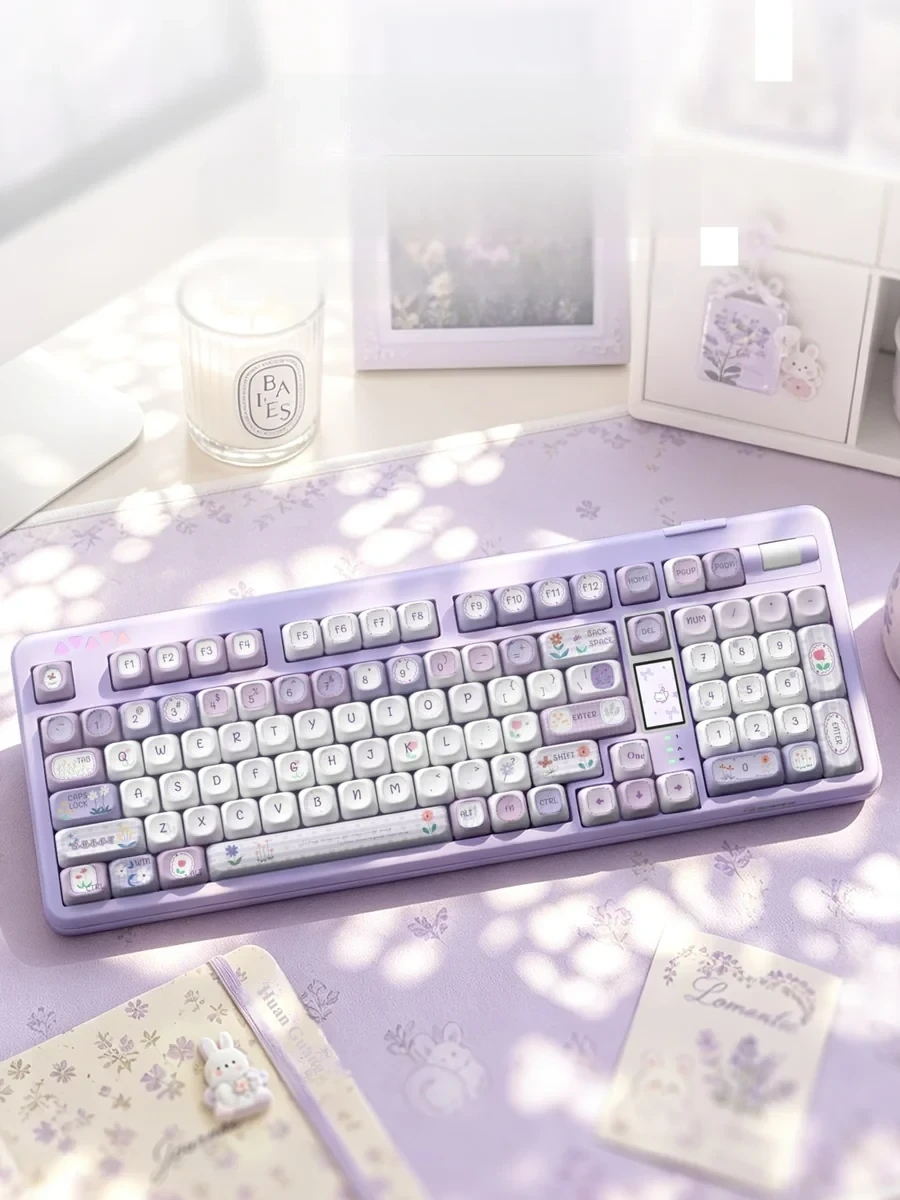 Dreamy PBT Purple Mist MOA Keycap Set, featuring ethereal purple gradients on a serene keyboard, enhancing a tranquil typing experience.