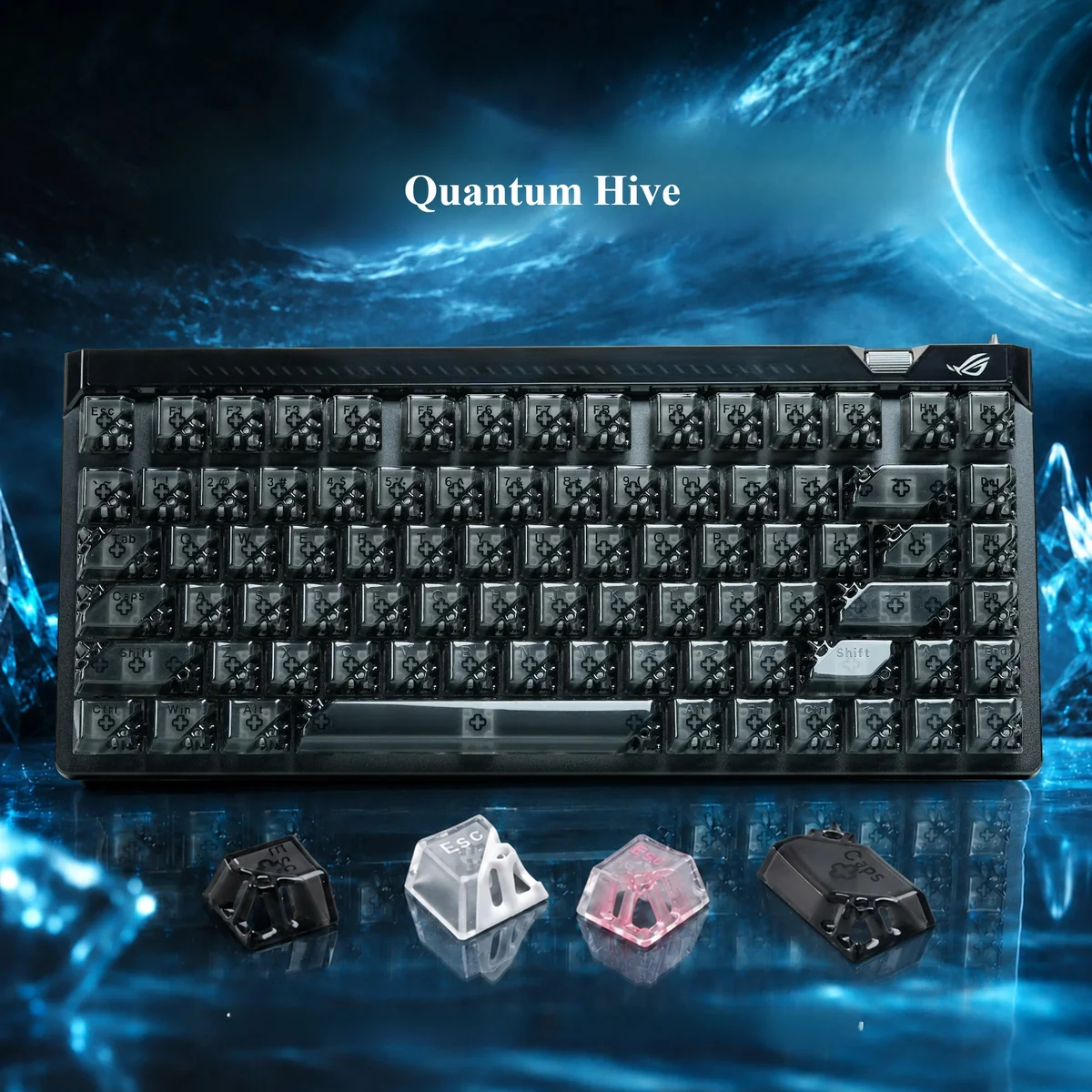 Detailed views of Quantum Hive Lite Keycaps Cherry set. Features translucent PC, futuristic geometric design, and vibrant RGB illumination.