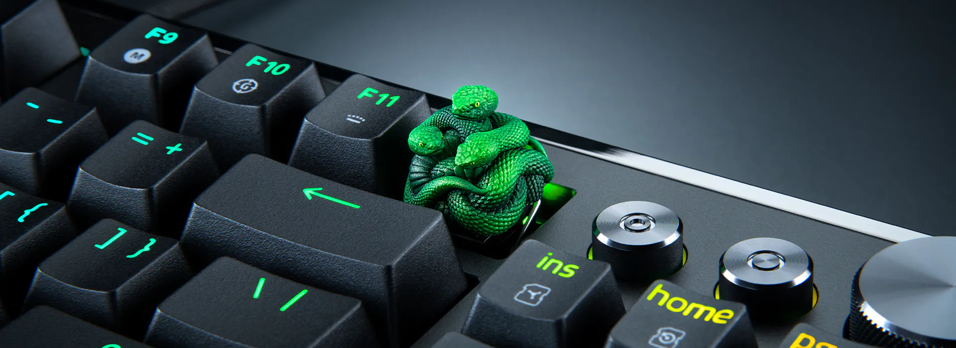 Razer Triple-Headed Snake artisan keycap installed on a mechanical keyboard