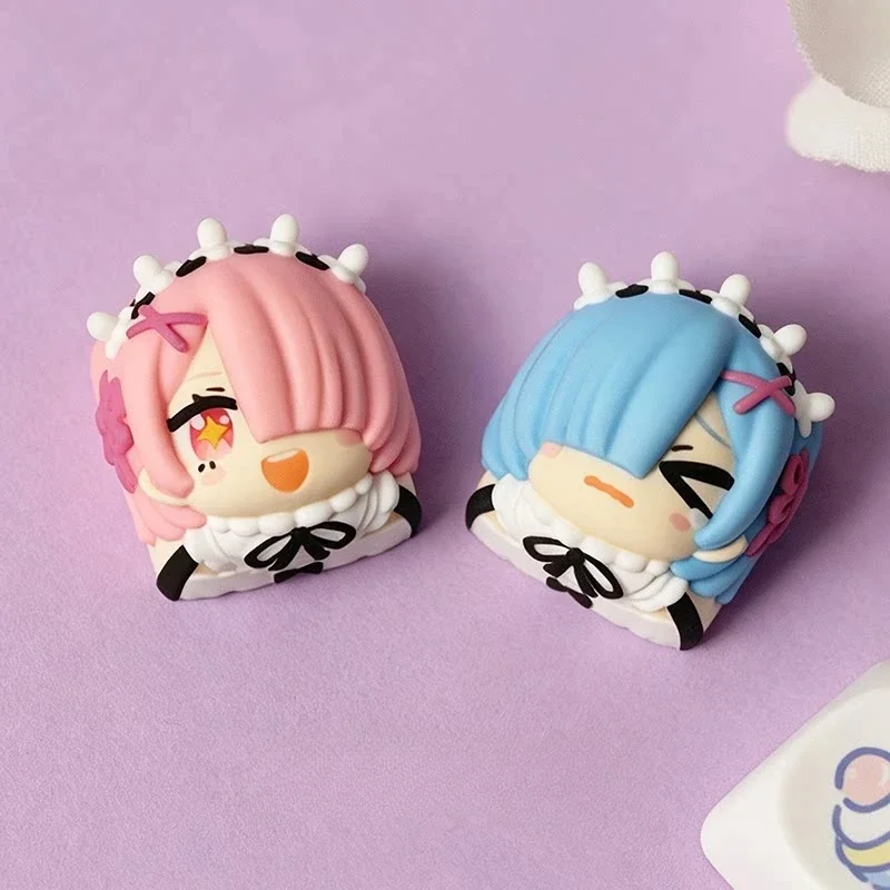 A captivating angle of the exquisite Re:Zero Rem and Ram artisan keycaps, highlighting their vibrant, detailed anime character designs.