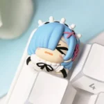 Exquisite Re:Zero Rem and Ram artisan keycaps displayed from various angles, showcasing vibrant, detailed anime character designs for collectors.
