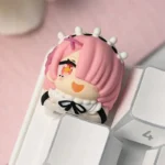 Exquisite Re:Zero Rem and Ram artisan keycaps, showcasing vibrant, detailed anime character designs from multiple angles against a subtle background.