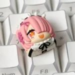 A vibrant collection of exquisite Re:Zero Rem and Ram artisan keycaps, exquisitely detailed from various angles, capturing their fantasy world aesthetic.