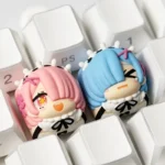 Exquisite Re:Zero Rem Ram artisan keycaps, handcrafted with vibrant, detailed anime character designs from the fantasy world, perfect for collectors.