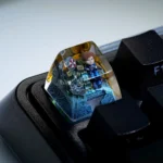 Iconic Resident Evil Leon Scott Kennedy artisan keycap, SA R1 profile, showcased with detailed, high-transparency resin artistry for gaming nostalgia.