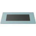 Artistic retro-future desk mat from a unique angle, revealing its vibrant, detailed design and premium texture, perfect for inspiring creative setups.