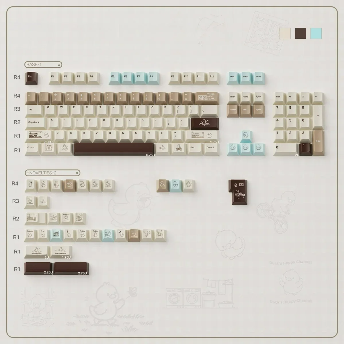Various angles of Coco Duck Cherry Keycap Set featuring charming duck illustrations, showcasing their artistic warm aesthetic and high quality material.