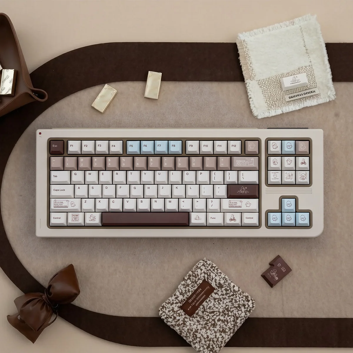 Coco Duck Cherry Keycap Set featuring charming duck illustrations, evoking a cozy and artistic aesthetic for mechanical keyboards.