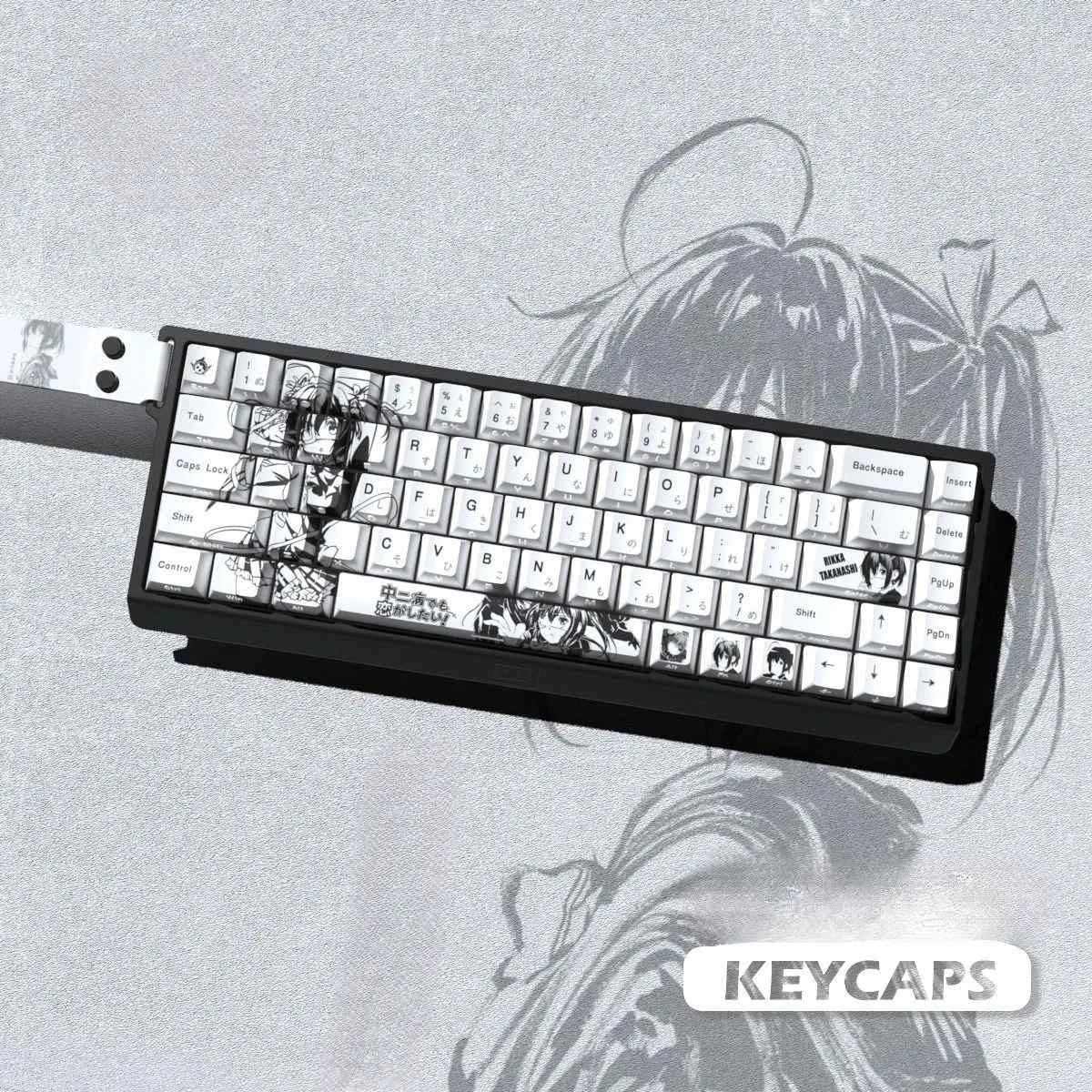 Detailed shot of Rikka Takanashi translucent keycaps, highlighting the vibrant side-engraved anime art and the unique Chunibyo aesthetic.