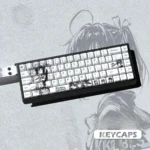 Close-up of Rikka Takanashi side-engraved translucent keycaps from the Chunibyo set, showcasing vibrant anime art and unique legends designed for backlit.