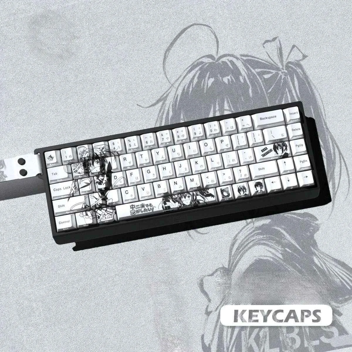 Close-up of Rikka Takanashi side-engraved translucent keycaps from the Chunibyo set, showcasing vibrant anime art and unique legends designed for backlit.