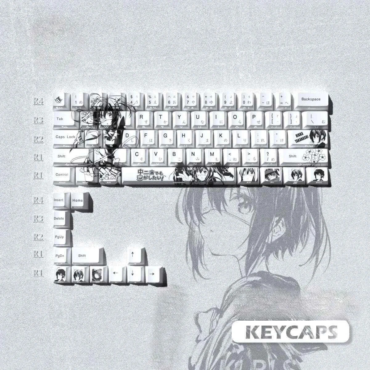 Exclusive Rikka Takanashi side-engraved translucent keycaps from the Chunibyo Set, featuring vibrant anime art and unique backlit legends.