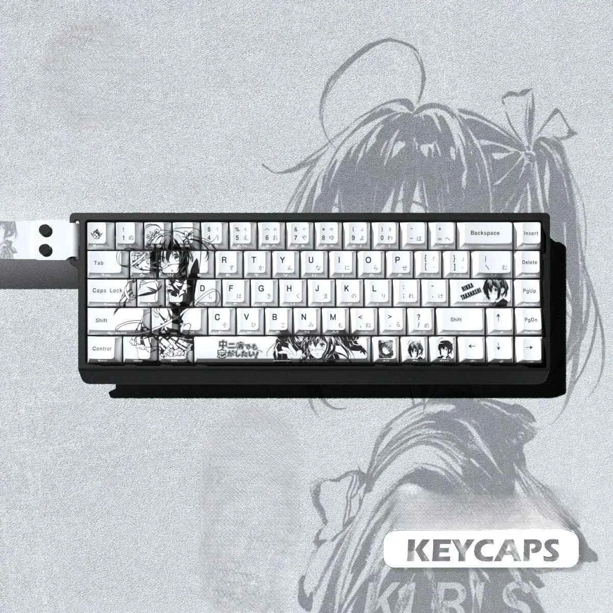 Exclusive Rikka Takanashi Side-Engraved Translucent Keycaps from the Chunibyo Set, showcasing vibrant anime art perfect for backlighting.