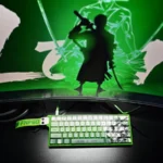 Explore the exclusive Zoro Keycap Set from various angles, highlighting its One Piece PBT Dye-Sub design, iconic samurai motifs, and vibrant green accent.