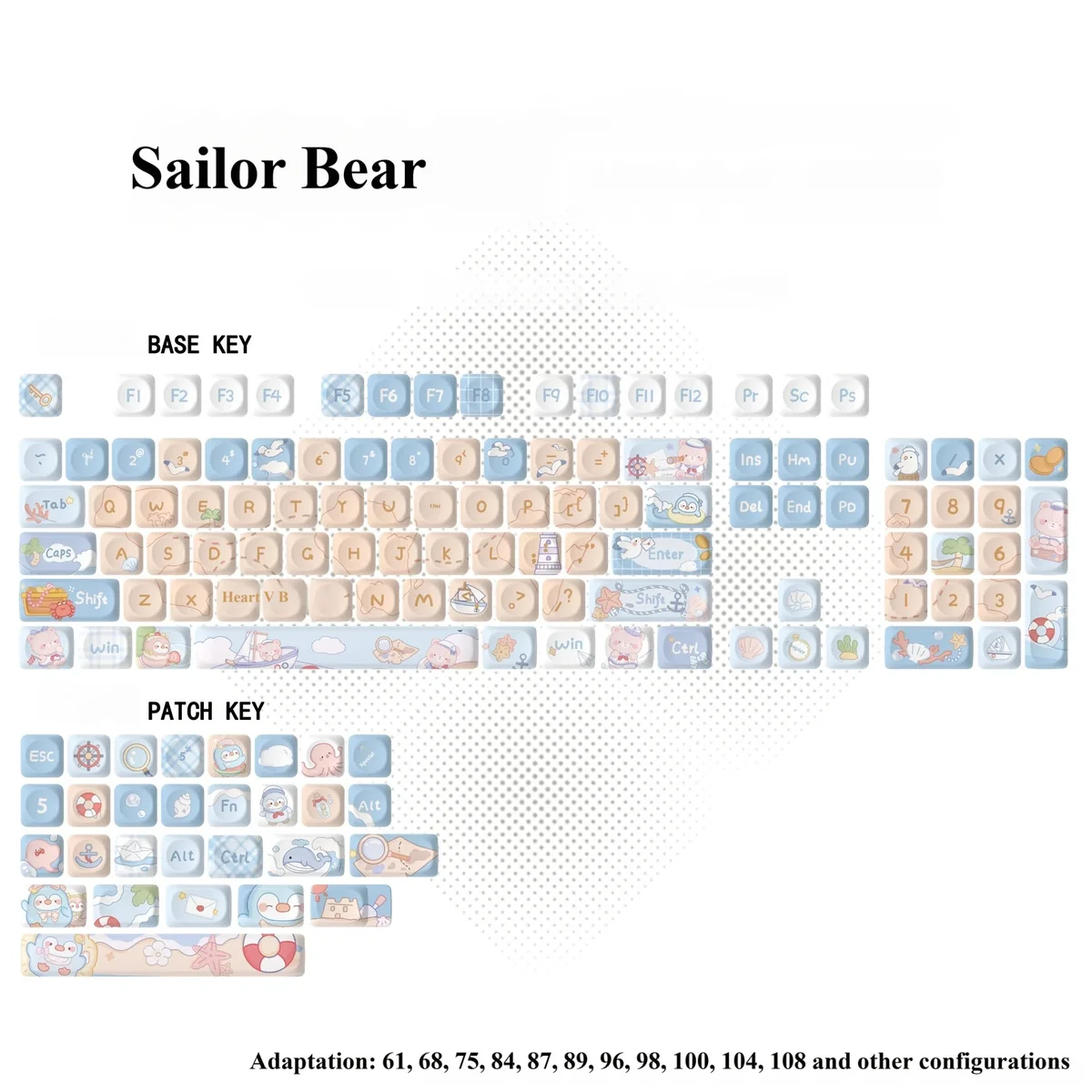 Explore this charming Sailor Bear MOA Keycap Set from various angles, highlighting its whimsical bear design, vibrant ocean hues.