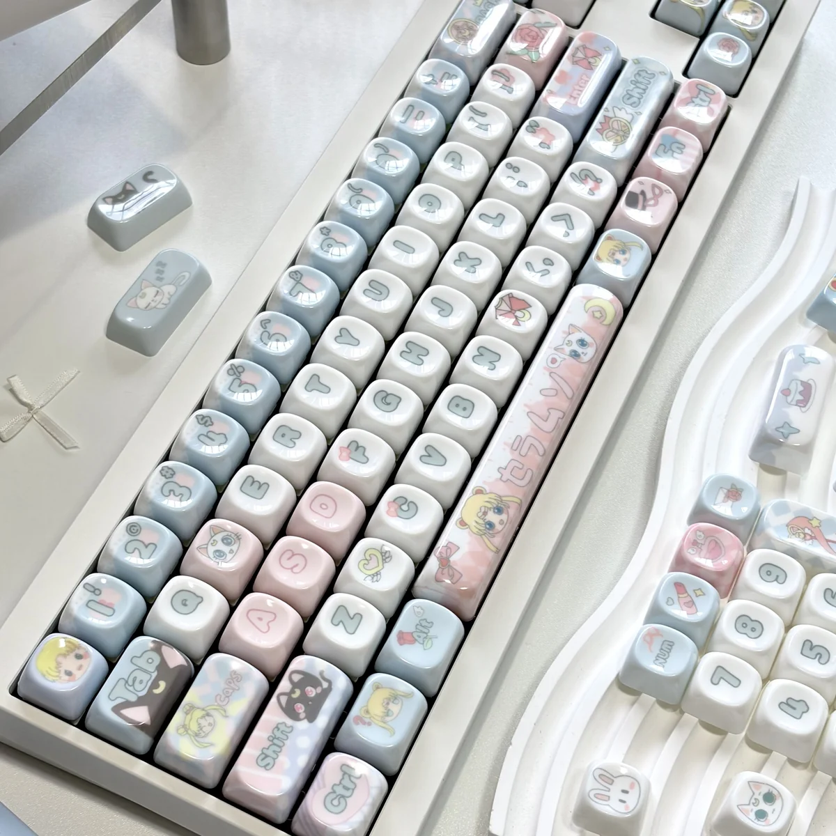 Artistic views of Sailor Moon Jade MOA Keycaps, highlighting their magical girl aesthetic, premium jade resin, pastel colors, and elegant MOA profile.