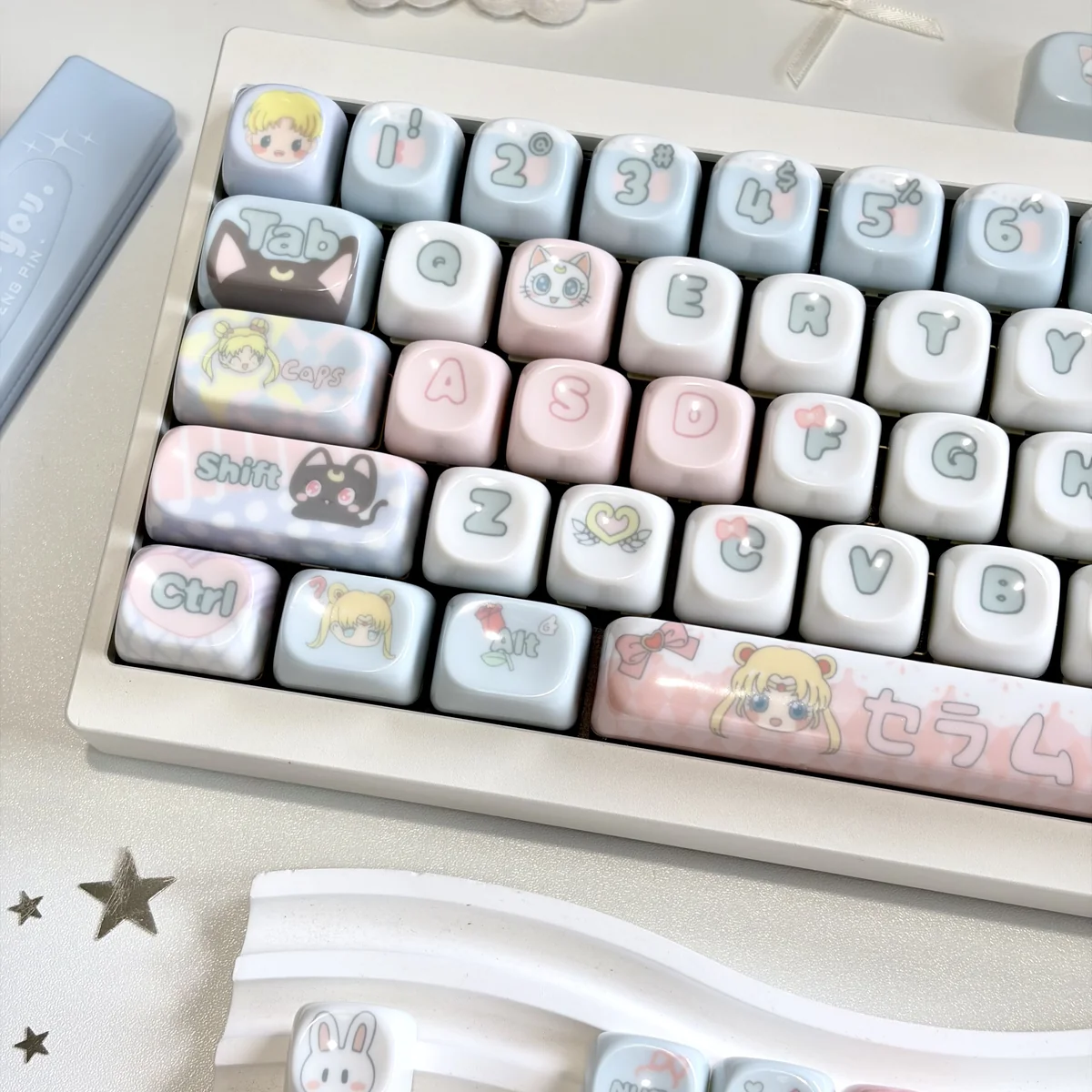 Gallery of Sailor Moon Jade MOA Keycaps, featuring iconic magical girl aesthetic, smooth pastel jade resin, and elegant MOA profile from diverse angles.