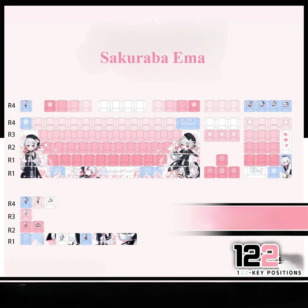 Close-up of the exclusive Sakuraba Ema PBT shine-through keycap set, showcasing vibrant anime character art from multiple artistic angles.