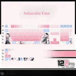Close-up views of the exclusive Sakuraba Ema PBT shine-through keycap set, showcasing vibrant anime art and magical girl aesthetics.