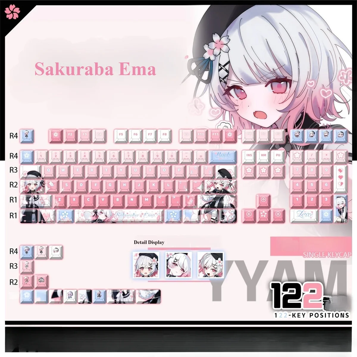 Vibrant Sakuraba Ema PBT Shine-Through Keycap Set, an exclusive display of magical girl anime art illuminating your keyboard.