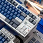 A striking close-up of the Samurai Blue translucent double-shot keycap set, elegantly showcasing its deep hue and premium craftsmanship from a distinctive design.