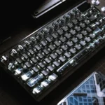 SE Shadow Clear Keycaps: close-up revealing luminous PBT/PC. Soft light casts an ethereal translucent shadow, creating a dreamlike artistic aesthetic.