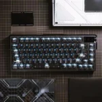 An artistic display of SE Shadow Clear keycaps, featuring their luminous PBT/PC construction and captivating shadow play in soft.