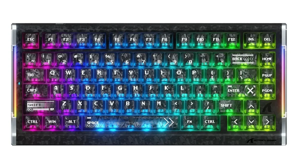 ATTACK SHARK R86 HE Ink Shade patterned keycaps and RGB lighting; official product image